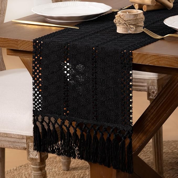 DeZerlor Boho Macrame Table Runner Spring Easter Farmhouse Woven Small Table Runner with Tassels 36 Inches Halloween Black Cotton Linen Kitchen Table Decor for Dining Dresser Home Tea Table Decor
