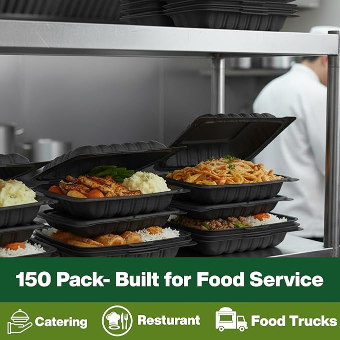 Front Lock MFPP Hinged Food Containers, 9" x 9" Black Vented Clamshell – 1 Compartment Disposable Takeout Boxes, Durable Microwaveable Containers for Restaurants & Food Service – 150 Pack