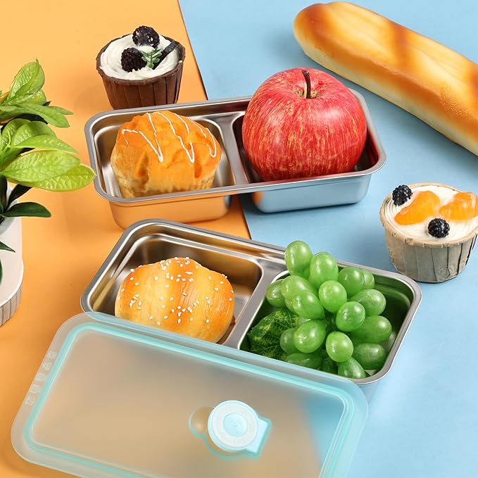 YEXEXINM 8 Pcs 30 oz Bento Boxes, 2 Compartments 304 Stainless Steel Food Storage Containers Snack Boxes with Leakproof Lids, Divided Meal Prep Lunch Box Food Container Dishwasher Safe