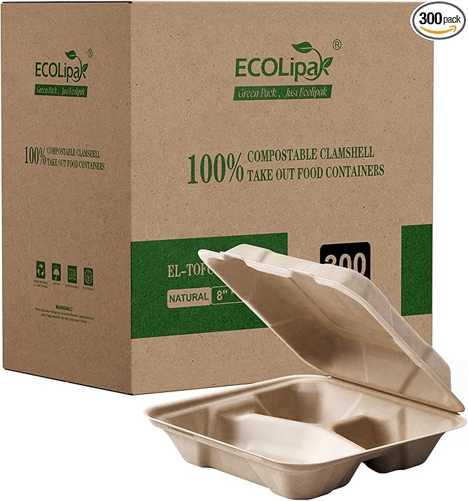 ECOLipak 300 Pack Clamshell To Go Containers, 100% Compostable Disposable Take Out Food Containers, 8X8 inch 3-Compartment Heavy-Duty To Go Boxes