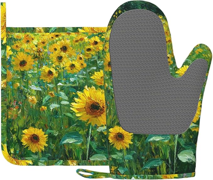 Vintage Sunflower Oven Mitts and Pot Holders Sets Flower Oil Painting Silicone Heat Resistant Kitchen Oven Gloves Pot Holder for Cooking Baking Grilling BBQ