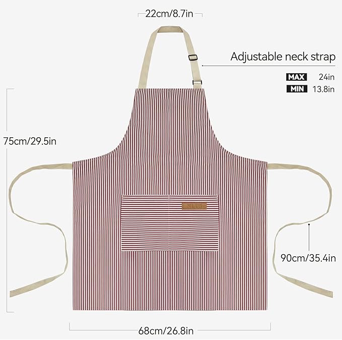 NLUS 2 Pack Cooking Aprons for Women with Pockets, Adjustable Kitchen Bib Aprons Chef Aprons for Women Men(Red Pinstripes)
