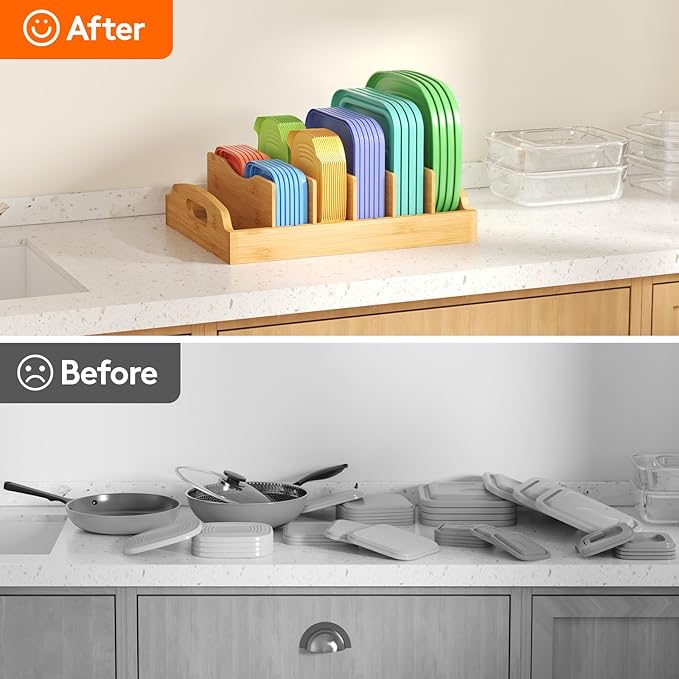 Lifewit Bamboo Lid Organizers for Inside Cabinet, Food Storage Container Lid Holder with 5 adjustable Inserts & 6 Sections, Kitchen Pantry organizer and storage, Large, 13.2" x 10"/34 x 25cm