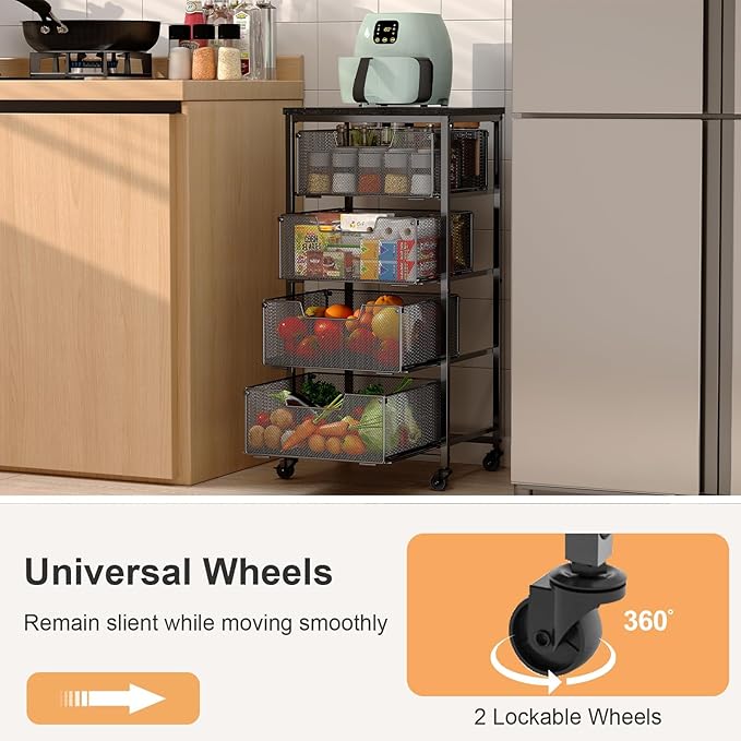 4-Tier Fruit Vegetable Storage Cart - Kitchen Organizer and Storage Cart with Wheels, Wooden Top Metal Wire Fruit Vegetable Rack Stand with Drawers to Storage Cans Snacks for Kitchen(Patent Pending)