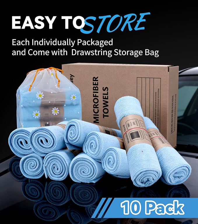10-Pack (16"x16") 420GSM Premium Edgeless Microfiber Towels for Cars, Ultra-Soft Absorbent, Scratch-Free, Lint-Free, Professional Detailing Cloth for Home Cleaning, Trucks and More, Sky Blue