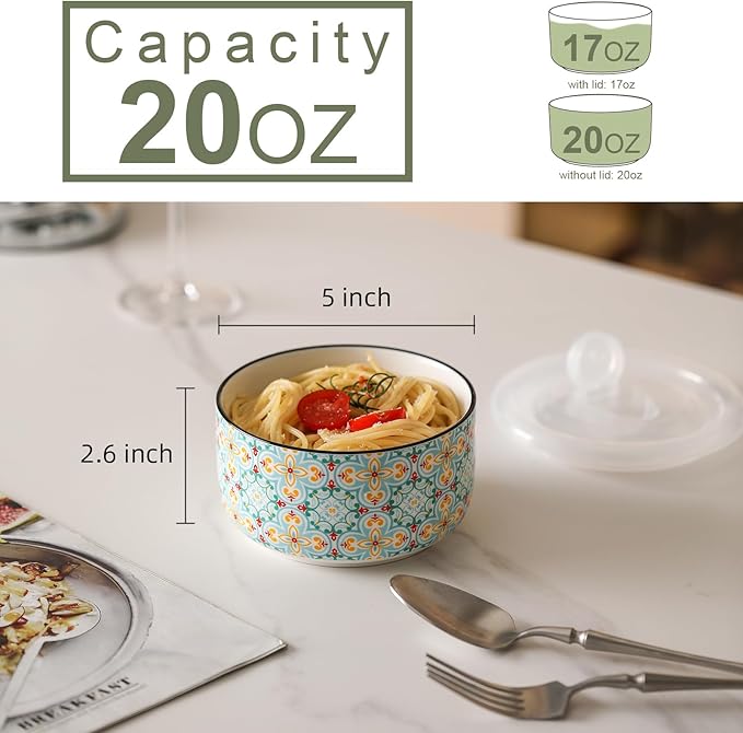 Ceramic Bowls Set with Lid: Microwave Safe Soup Containers for Meal Prep, Cereal, Salad, Picnic, Camping, Office Lunch, Kitchen Food Storage - 5 Inch, 20 oz, 4 PCS, Design D