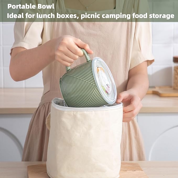 Ceramic Soup Bowls with Lid & Handle: 32 oz Microwave Safe Food Containers for Ramen Noodles Cereal Leftovers - Extra Large Mugs for Breakfast Lunch Picnic Camping - Green, Set of 2