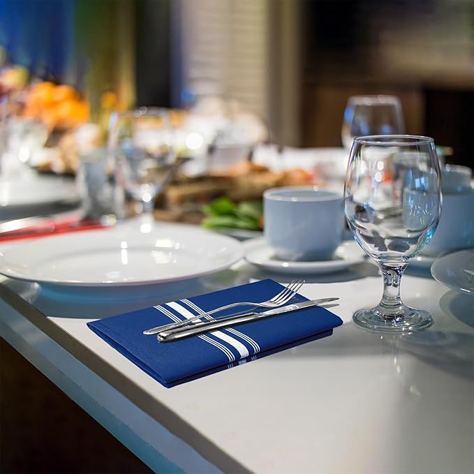 Bistro Stripe Cloth Napkins Set of 12 Pack, Dinner Napkins Cloth Washable 18 * 22 Inches, MJS Commercial Quality, Reusable Table Napkins Cloth, Non-Iron, No Fade, Royal Blue Reverse Stripes