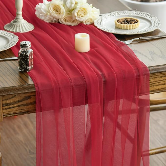 Artoid Mode 3PCS Red Gauze Table Runner 120 Inch 10FT, Seasonal Sheer Kitchen Dining Holiday Wedding Birthday Baby Shower Table Decor for Home Party