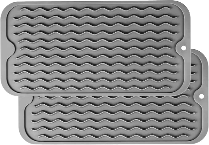 ZLR 2 Pcs Silicone Sponge Holder & Sink Caddy Tray (6" x 12") - Narrow Dish Drying Mat for Kitchen Counter - Waterproof Soap Dispenser Organizer, Non-Slip Bathroom Vanity Tray (Dark Gray)