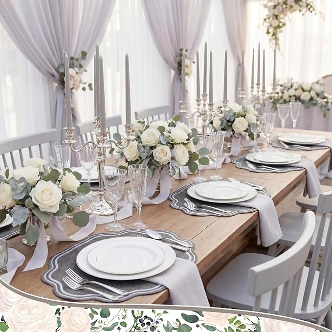 Breling 6 Pcs Wedding Placemats Scalloped Embroidered Cotton Linen Placemats 17" x 13" Double Layered Machine Washable Table Place Mat for Party Table Decor (Gray)