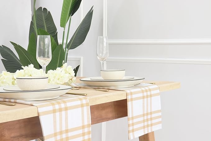 PurpleEssences Homestead Plaid Cloth Napkins - Mitered Corners - Spring Easter Summer - Check Dinner Napkin - Set of 12-100% Cotton - 18x18 Inch - Reusable Washable - Beige and White