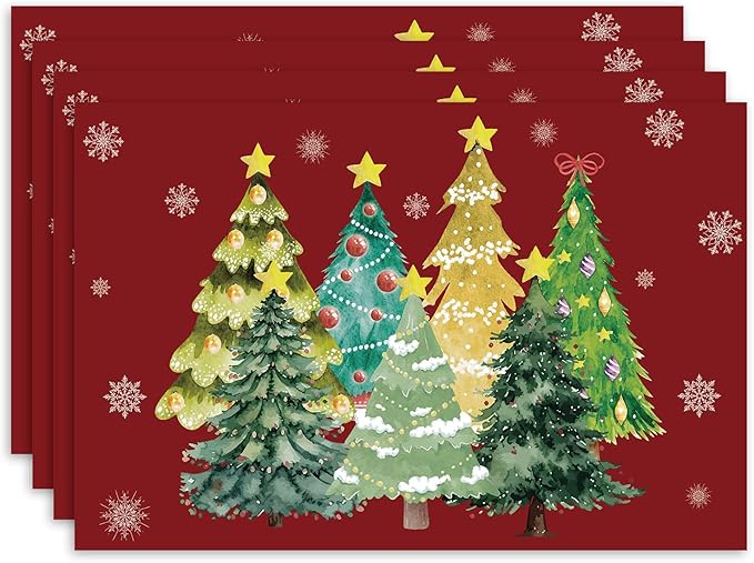 Christmas Tree Placemats Set of 4, Red Christmas Home Decor Rectangle Table Mats, Linen Fabric Placemat for Indoor & Outdoor Kitchen Dining Home Decor, 12 x 18 Inch -08