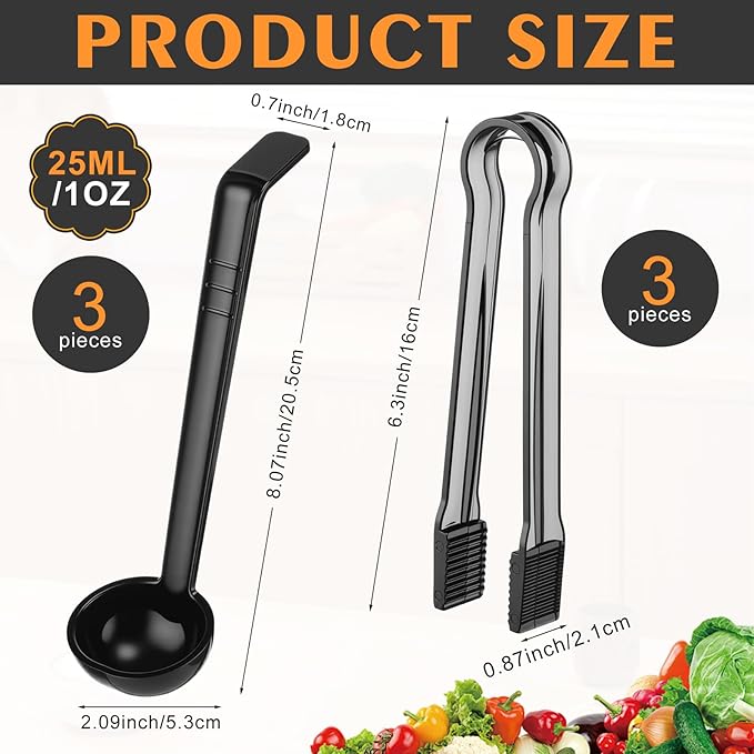 6 Pieces Plastic Serving Utensils Set Including 3 Pcs 1 oz Small Ladle and 3 Pcs Tong Acrylic Long Handle Ladle for Serving Sauce, Soup, Dressing, Punch Bowl, Gravy for Party Banquets Catering(Black)