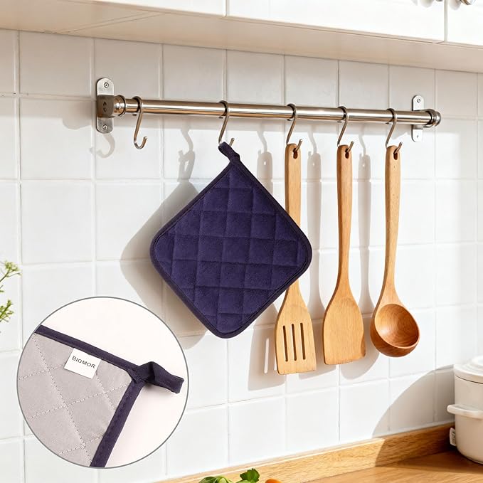 5 Pack Pot Holders for Kitchen Easy-Care Cotton Machine Washable hot Pads for Kitchen for Cooking and Baking Oven Navy Blue