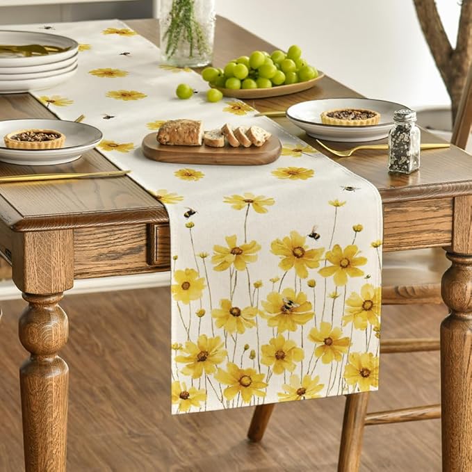 Artoid Mode Yellow Flowers Daisy Bees Summer Table Runner, Seasonal Easter Fall Holiday Kitchen Dining Table Decoration for Home Party Indoor 13x90 Inch