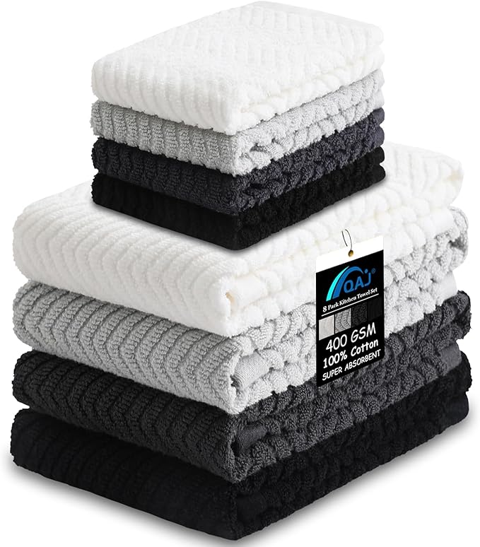 100% Cotton Kitchen Towels and Dishcloths Set, Pack of 8 Super Absorbent 16" x 25" Kitchen Towels and 13" x 13" Dish Cloths (400 GSM)