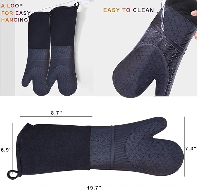Linwnil Extra Long Silicone Oven Mitts Heavy Duty Commercial Grade Oven Mitts Heat Resistant BBQ Gloves with Quilted Cotton Lining 2 Pack (Black)
