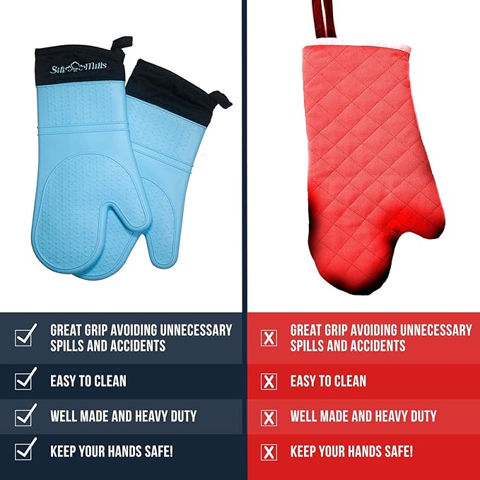 Silicone Oven Mitts Heat Resistant 500 Degrees - 2 Extra Long Silicone Oven Mitt Pot Holders - Food Safe Oven Gloves - BPA Free - Soft Inner Lining - (Blue) - Frux Sili Mitts