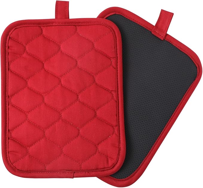 Glynniss Anti-Slip Grip Pot Holders for Kitchen, Cotton Oven Pot Holders Set with Neoprene for Heat Resistant 450F, 7x9 Inches Potholders Machine Washable 2PCS (red, 2)