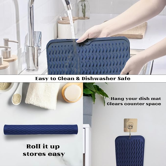 ZLR Silicone Dish Drying Mat & Heat Resistant Trivet (12" x 16") - Waterproof Counter Protector for Air Fryer, Coffee Maker - Non-Slip, BPA Free Kitchen Pad, Easy Clean Dishwasher Safe (Midnight Blue)