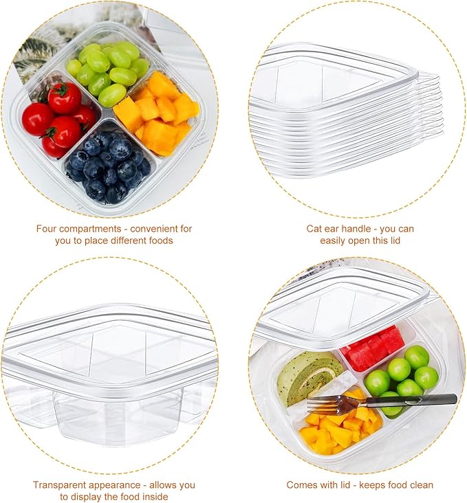 50 Pcs Disposable Bento Snack Containers with Lids, 4 Compartment Divided Lunchable Containers, Leakproof Food Prep Containers for Meal Prep, Take-Out Travel Work, BPA Free