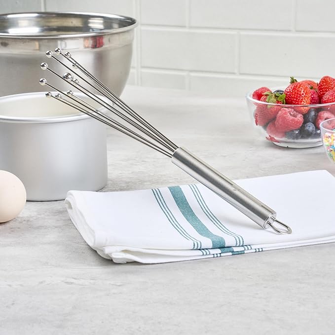 Restaurantware 10.5 in Stainless Steel Ball Whisk - 6 Pack - German Standard Egg Beater with Ergonomic Handle, Dishwasher Safe - Manual Mixer Cooking Whisk for Baking, Stirring, Sauces, Beating