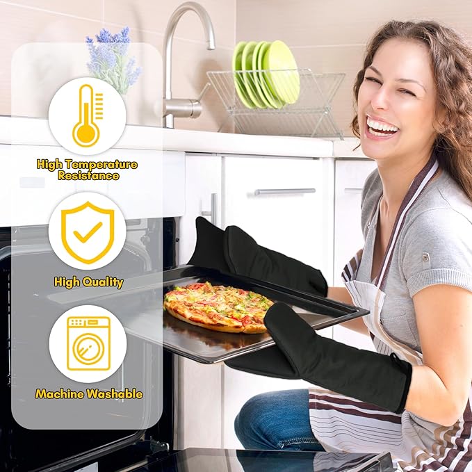 Oven Mitts, Cute Black Cat Silicone Oven Mitts and Pot Holders Sets, Funny Cooking Gloves with Potholders for Kitchen Heat Resistant, Soft Cotton Inner Lining Gloves for Baking,Microwave