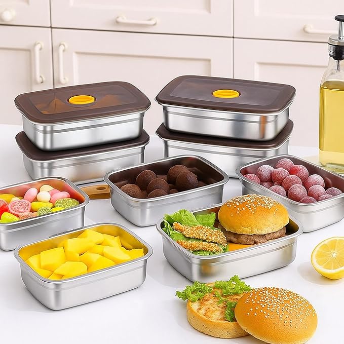 10 Pack Stainless Steel Food Storage Containers with Airtight Leak-Proof Lids, 34oz Reusable Meal Prep Lunch Boxes, Freezer & Dishwasher Safe Metal Containers for Leftovers & Snacks