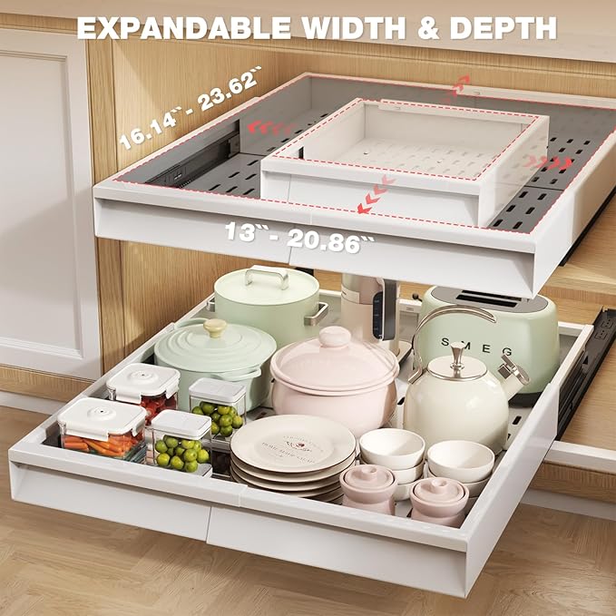 Seinloes 4 Pack Pull Out Cabinet Organizer With Raising Pad for Framed Cabinets,Expandable Width (13"-21") and Depth (17"-24"),3 Slide Rails Slide Out Drawers with Handle,No-Drill Roll Out Shelf,White