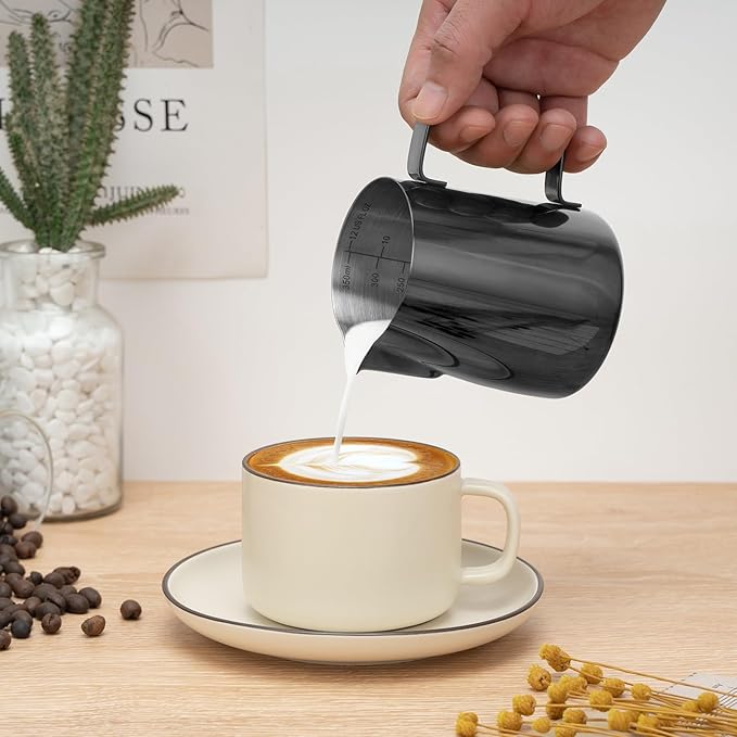 Amrules Milk Frothing Pitcher, 12 oz Milk Frother Cup with Clear Scale, 304 Stainless Steel Cappuccino Espresso Machine Accessories for Barista Coffee Bar with Latte Art Pen, Bright Black
