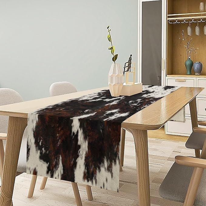 Cow Skin Print Table Runner, Cotton Linen Rustic Cottage Country Farm Animal Fur Skin Pattern Western Style Black Brown Cowhide Print Dinner Runner for Home Kitchen Dining Table Decoration 13"x60"