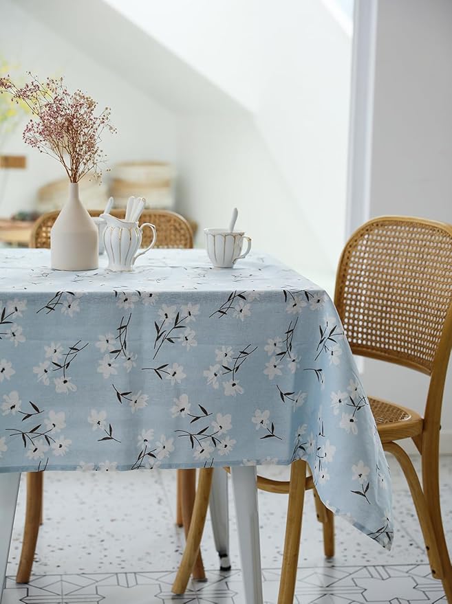 Pastoral Rectangle Tablecloth - 52 x 70 Inch - Linen Fabric Table Cloth - Washable Table Cover with Dust-Proof Wrinkle Resistant for Restaurant, Picnic, Indoor and Outdoor Dining, Floral (Light Blue)