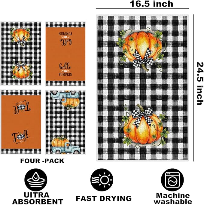 4 Pcs Hello Pumpkin Fall Kitchen Towels, Truck Soft Absorbent Tea Hand Towel, Microfiber Dish Cloths for Drying Dishes, Fall Waffle Dish Towels for Kitchen Bathroom Home, Autumn Gifts for Women Mom