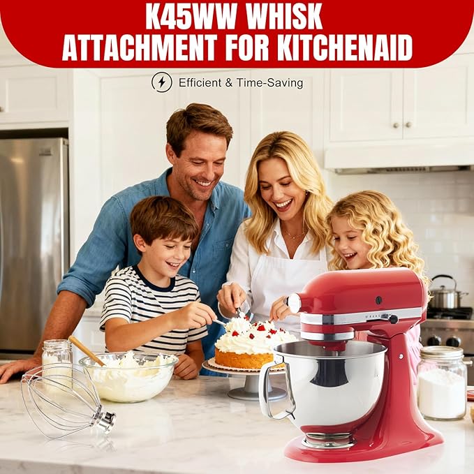 Dishwasher Safe K45WW Wire Whip for Kitchenaid Whisk Attachment 4.5QT-5QT Tilt-Head Stand Mixer,-All Stainless Steel Kitchen aid Whisk Attachment for Cream, Frostings, Cakes