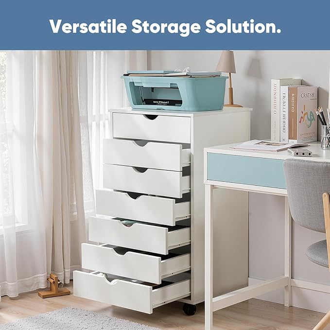 OLIXIS 7 Drawer File Cabinet, Mobile Filing Cabinet Under Desk Storage Organization with Wheels, Vertical Filing Chest Rolling Wood Small Desk Printer Stand for Home Office, White