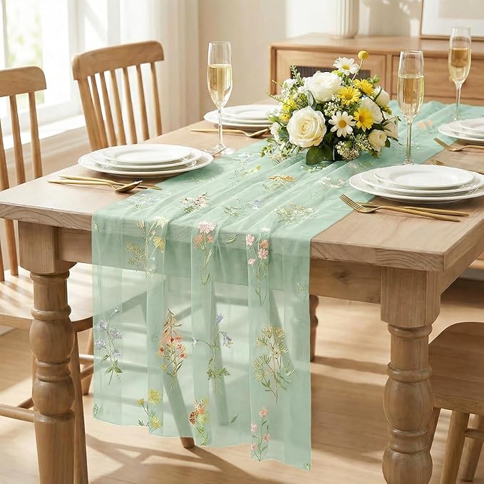 Artoid Mode Wildflower Floral Sage Green Gauze Embroidery Table Runner 120 Inch 10FT, Tulle Seasonal Spring Kitchen Dining Table Decor for Home Party