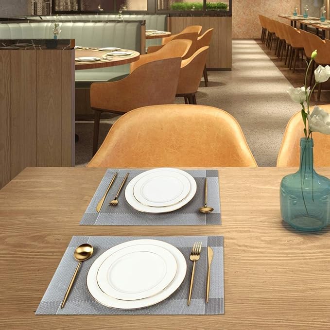 DACHUI Placemats Set of 8, Linen Look Woven Place Mats, Water Resistant, Heat Resistant, Washable, Durable Table Mats (Silver Grey)