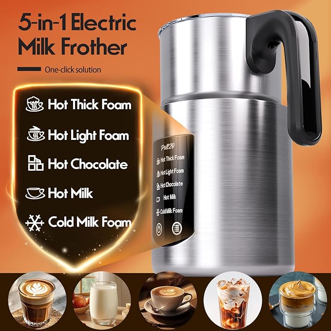 PULZO Electric Milk Frother and Steamer, Detachable Foam Maker, 17 OZ Warm Cold Milk Warmer for Coffee, Latte, Cappuccino, Stainless Steel Jug, Hot Chocolate, Silent Operation, BPA