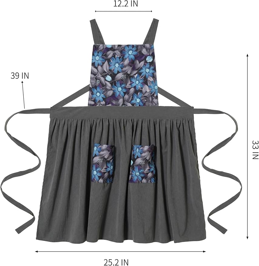 Pinknoke Vintage Pinafore Apron Dress for Women with Pockets Cute Floral Chef Aprons for Kitchen Cooking Baking Gardening