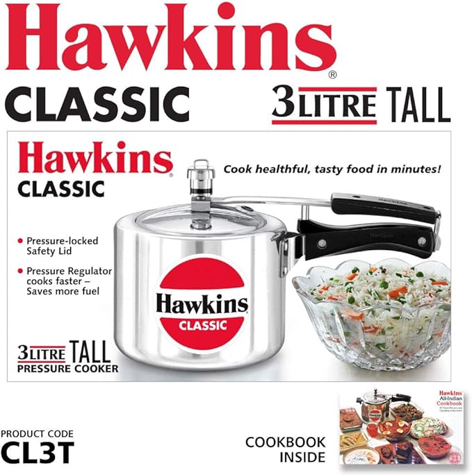 Hawkins Aluminium 3 Litre Classic Pressure Cooker, Tall Design Inner Lid Cooker, Best Cooker, Silver (Cl3T)