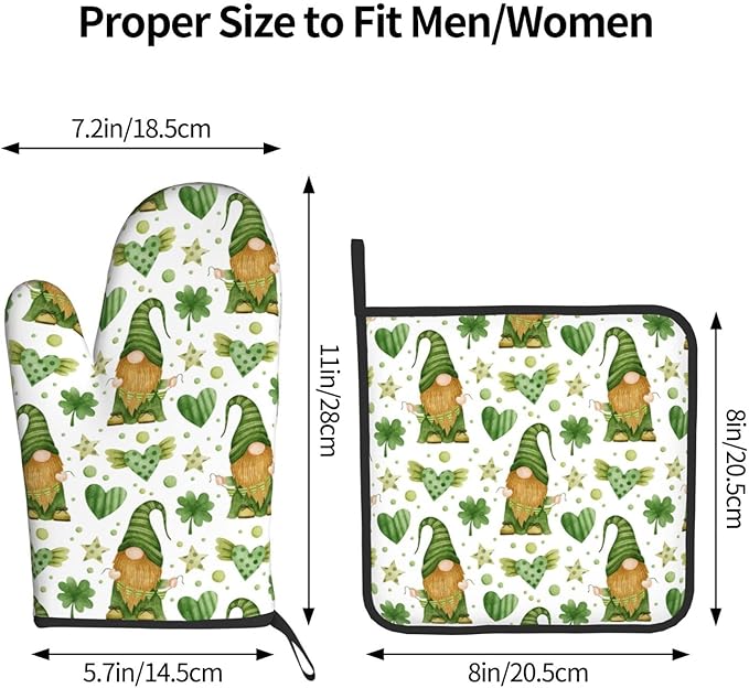 St. Patrick's Day Gnome Oven Mitts and Pot Holders Heat Resistant Oven Mitts Safe for Baking Cooking BBQ
