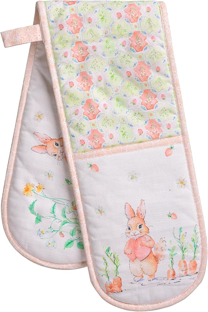 Maison d' Hermine Double Oven Mitts 100% Cotton 7"x35" Double Oven Mitt Heat Resistant BBQ Cooking Gloves with Loop Baking Grilling Gifts for Mothers Day Spring Summer (Bunny Party)