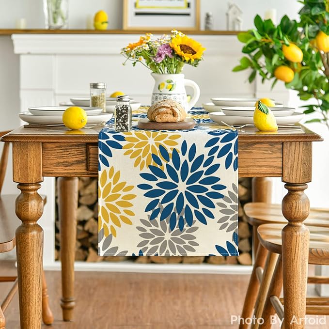 Artoid Mode Blue Dahlia Floral Pinnata Summer Table Runner, Spring Kitchen Dining Table Decoration for Home Party Decor 13x120 Inch