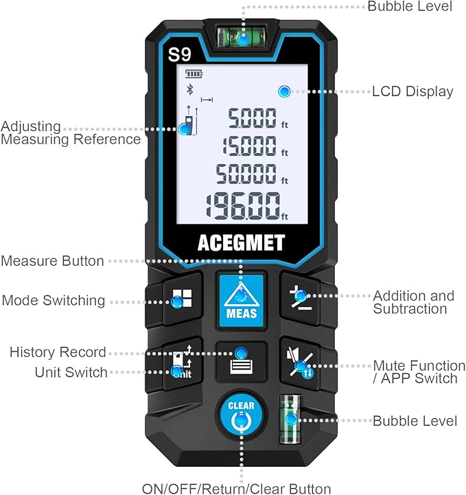ACEGMET Laser Measure with Phone App, 229ft/70m Laser Measurement Tool with 2 Bubble Levels, LCD Backlit Display, IP54 Waterproof, Pythagorean Mode for Distance, Area, Volume