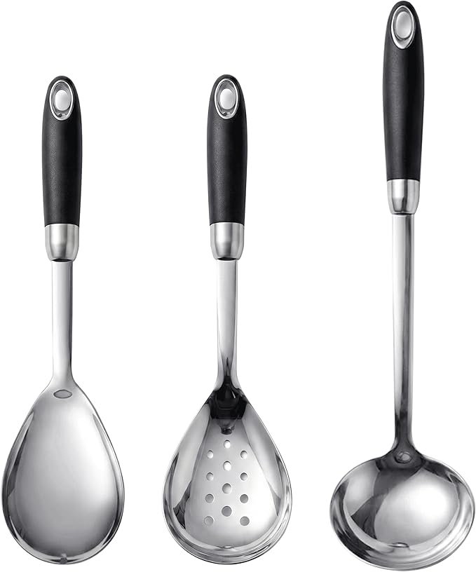 304 Stainless Steel Spoon Set, Soup Ladle, Solid & Slotted Cooking Spoons, Non-Slip Heat-Resistant Handles, Dishwasher Safe Kitchen Tools,Stainless Steel Large Serving Spoons Set pack of 3
