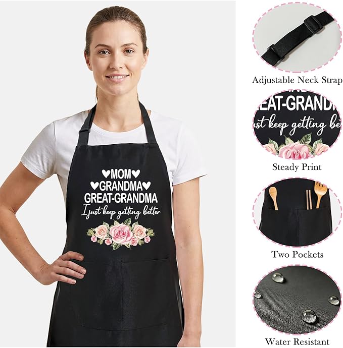 Black Baking Aprons for Women, Adjustable Cooking Baking Kitchen Aprons for Mom Chef with Pockets