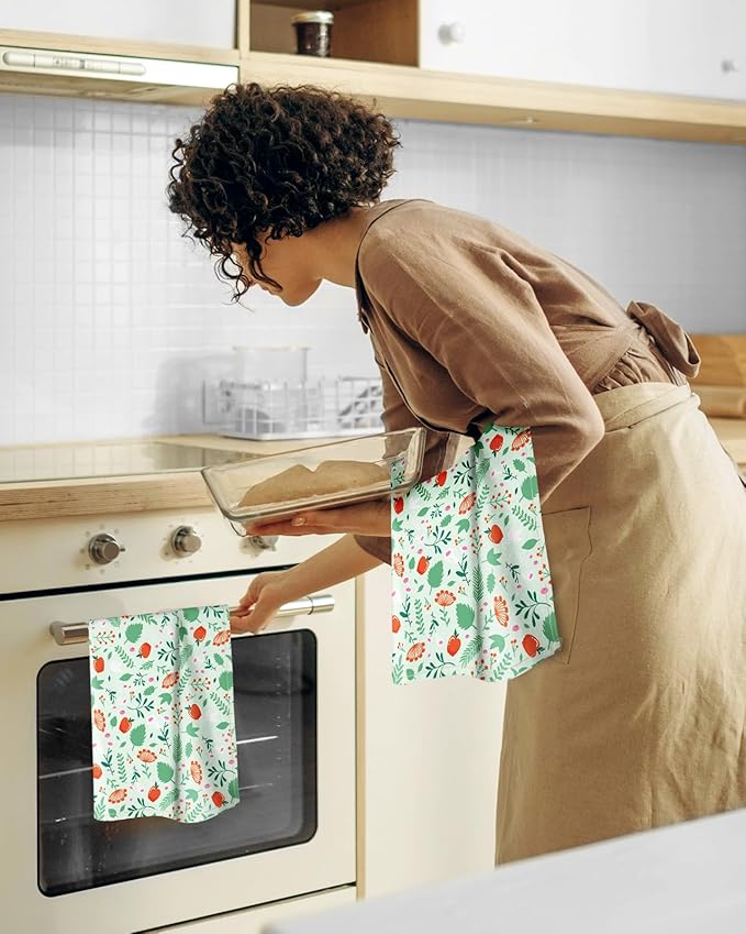 Miss Adola Flour Sack Kitchen Towels Set of 2-18x26 Cotton Dish Towels with Hanging Loop Reusable Tea Towel for Cleaning Spring Absorbent Dishcloths Cute Home Decor Housewarming, Green Leaf Fruit