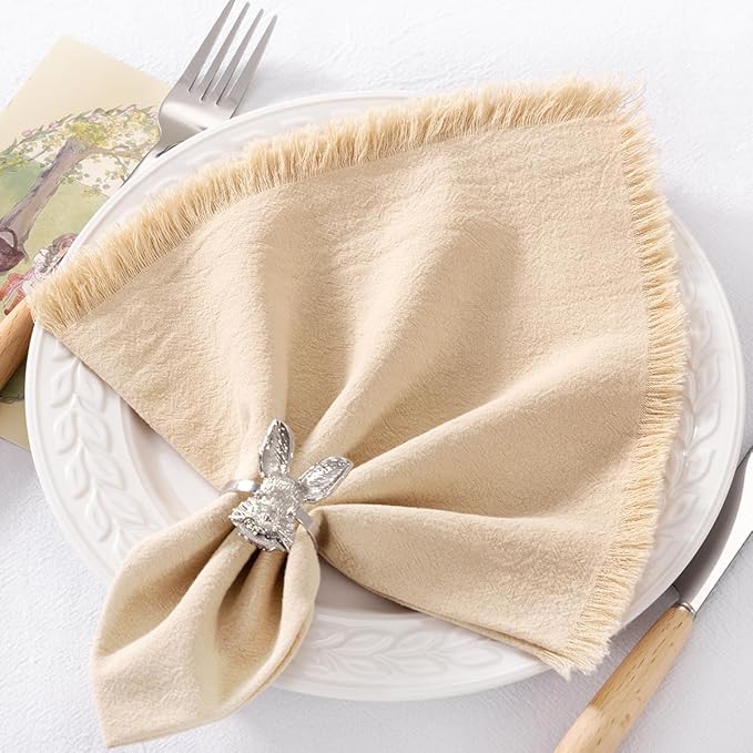 DeZerlor 6 Pack Champagne Cotton Linen Napkins with Fringe Spring Cloth Napkins Set of 6 Boho Handmade Dinner Napkins Bulk for Wedding Bridal Baby Shower Parties, 17 x 17 Inches