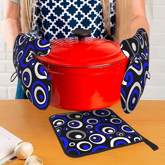 3 - Piece Blue Black White Retro Circular Oven Mitts & Pot Holders Sets, Modern Abstract Art Blue Oven Gloves Heat Resistant for Home Cooking Baking, Cooking, Kitchen Decor & Gift for Culinary Women